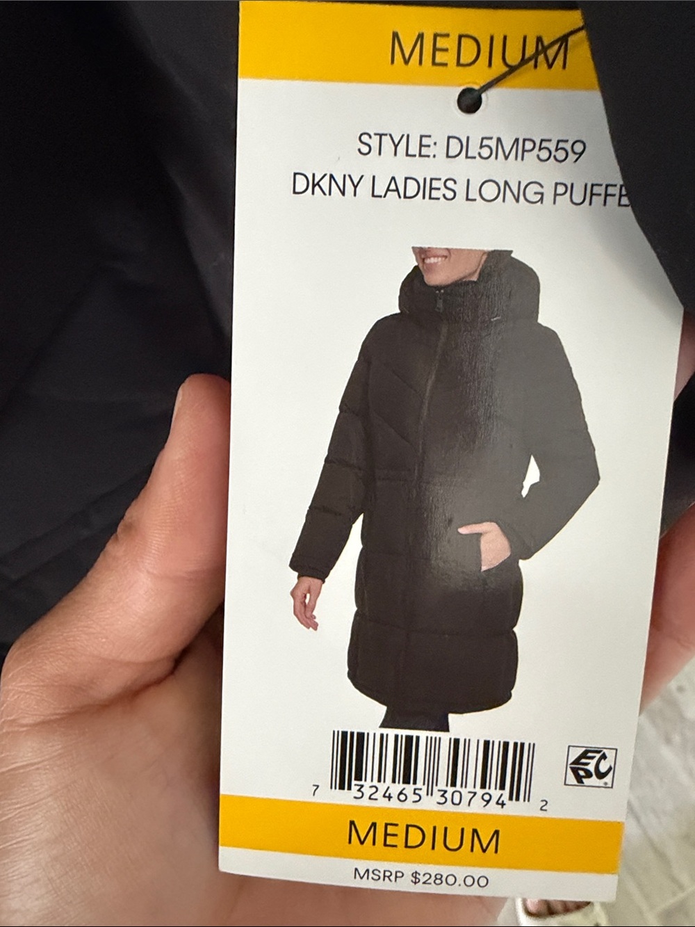 DKNY Black Long Quilted Puffer Coat with Hood - Picture 2 of 3